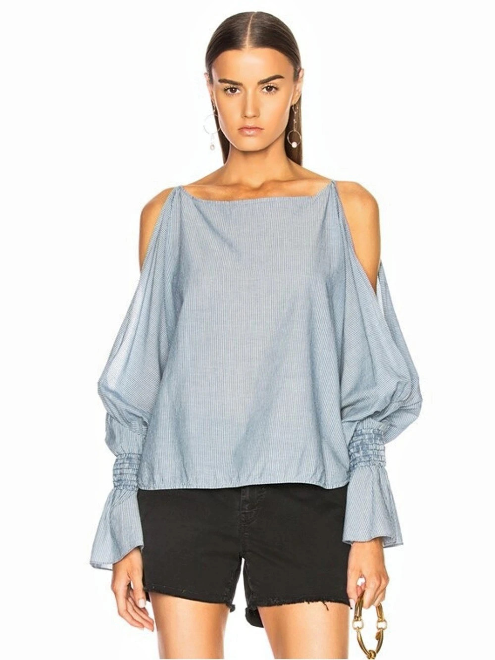 Nili Lotan Devon Blue Stripe Cold Shoulder Blouse XS